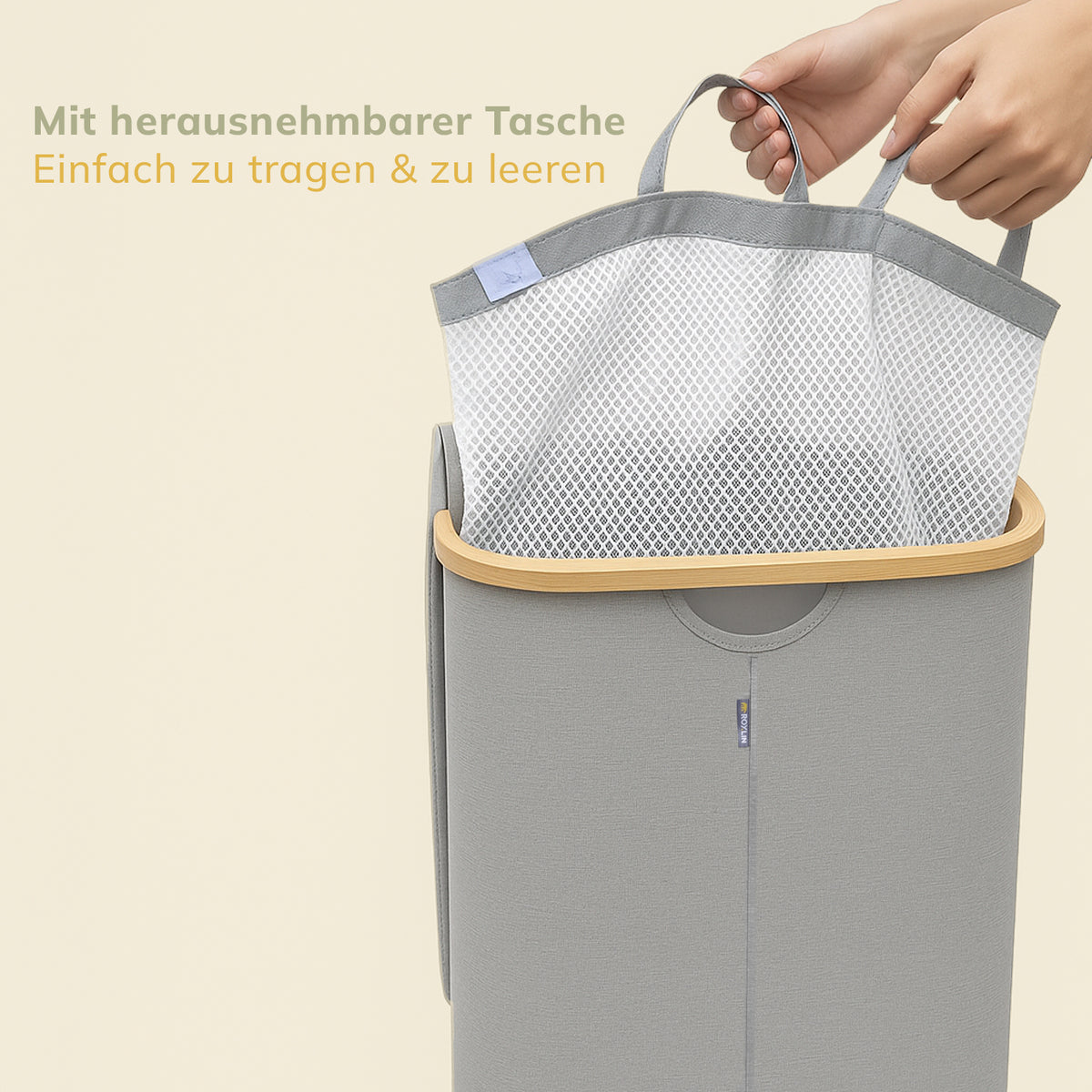 Herausnehmbare Wäschetasche des Roxlin Wäschekorbs mit stabilem Bambusrahmen