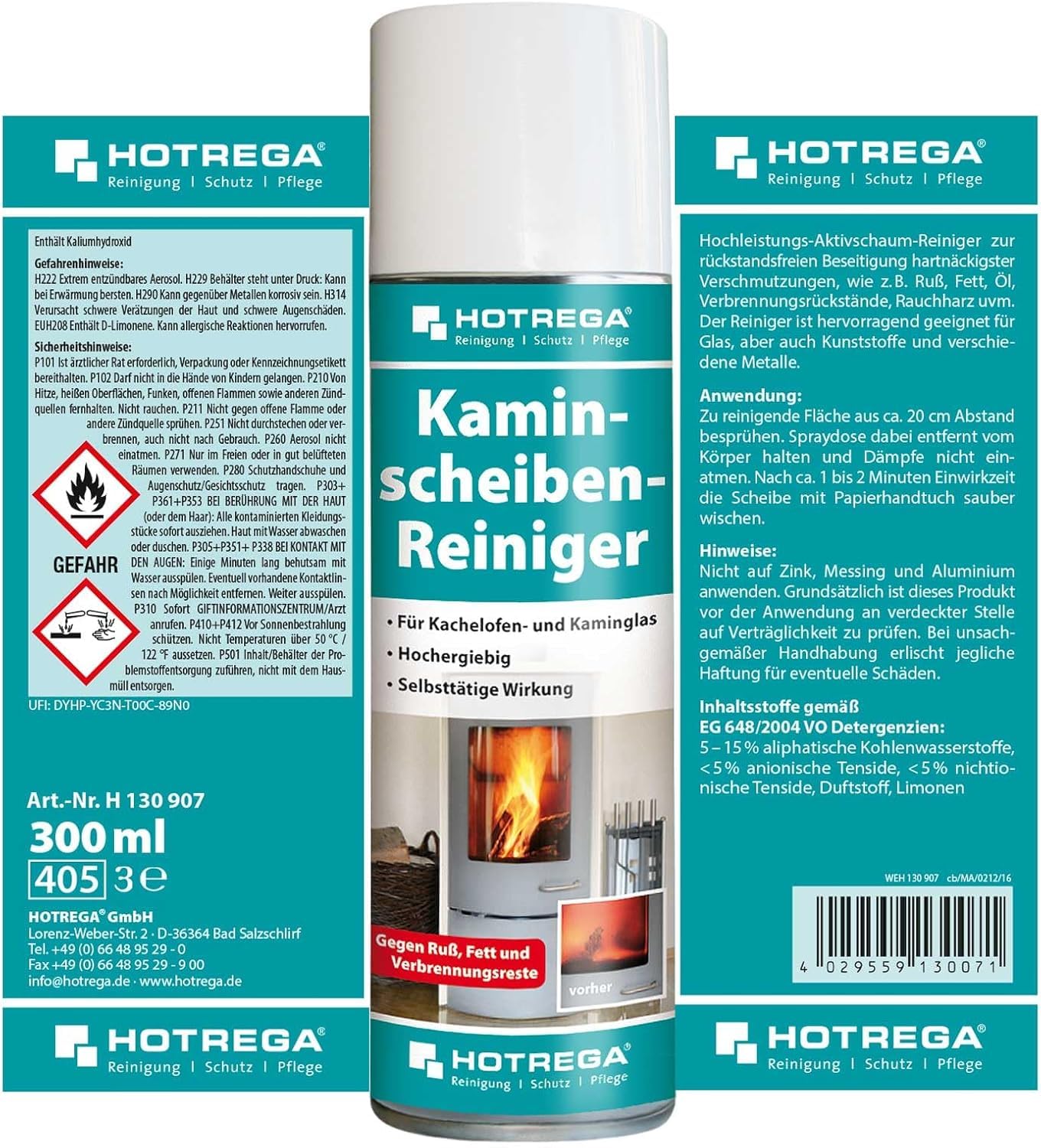 HOTREGA Kaminscheibenreiniger 300 ml Spraydose, Rückseite mit Hinweisen