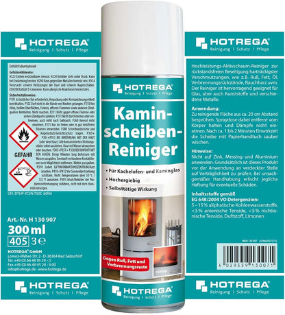 HOTREGA Kaminscheibenreiniger 300 ml Spraydose, Rückseite mit Hinweisen