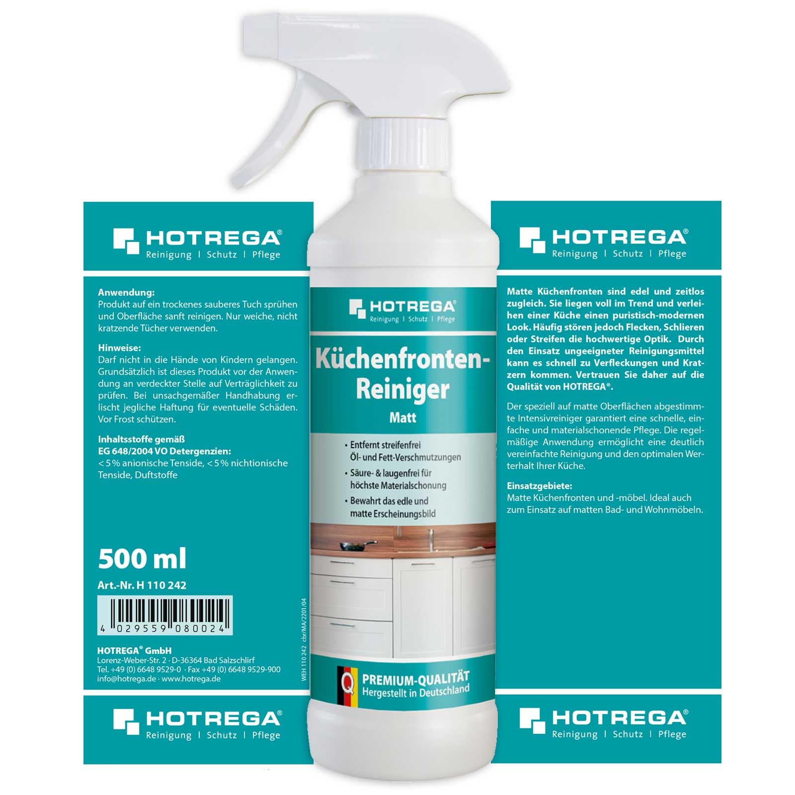 HOTREGA Küchenfronten Reiniger Matt 500 ml Sprühflasche, Rückseite mit Hinweisen