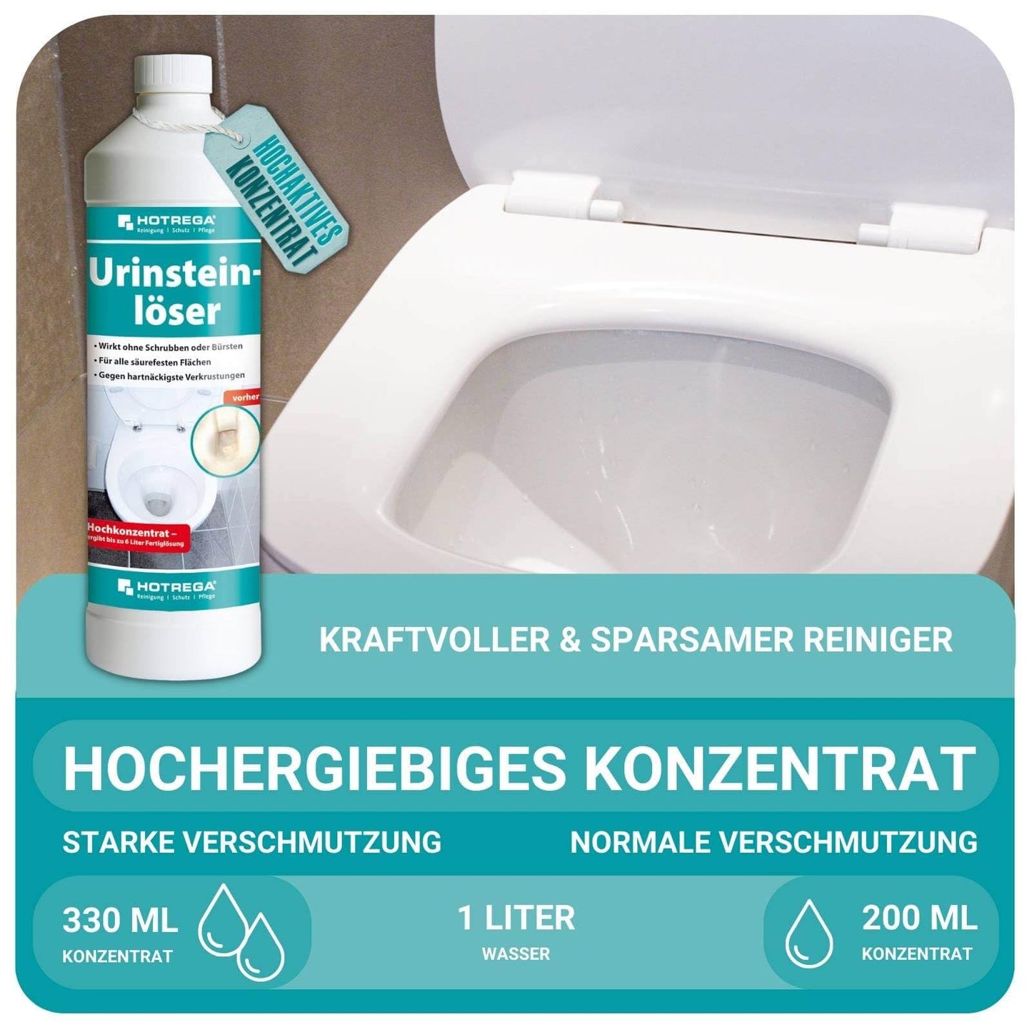 HOTREGA Urinsteinlöser Konzentrat 1 L – Extra Starker WC-Reiniger & Urinsteinentferner gegen Kalk, Rost & Seifenreste