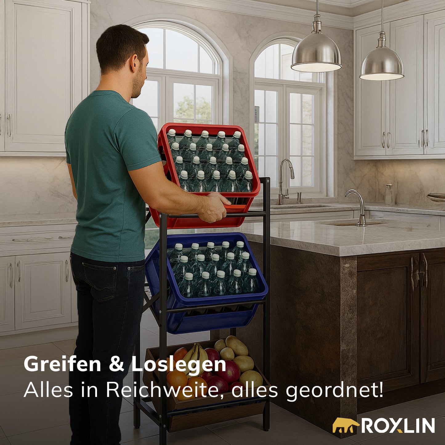 Mann entnimmt eine Getränkekiste aus dem Roxlin Kistenregal in moderner Küche – alles ergonomisch in Reichweite