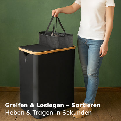 Mann hält den herausnehmbaren Wäschesack des Roxlin Wäschekorbs 150L – Greifen und Loslegen