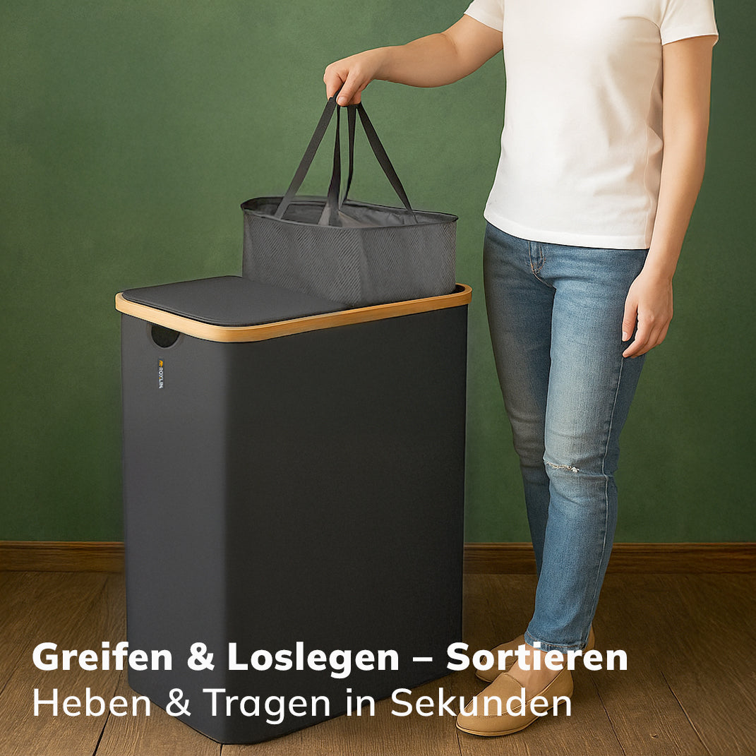 Mann trägt den herausnehmbaren Wäschesack des Roxlin Wäschekorbs 150L