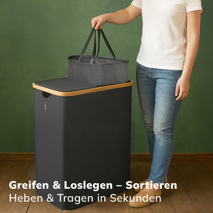Mann trägt den herausnehmbaren Wäschesack des Roxlin Wäschekorbs 150L
