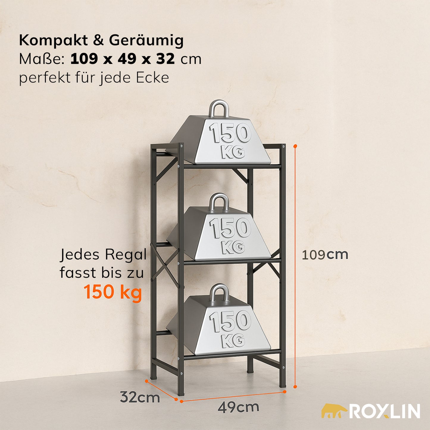 Maße-Infografik des Roxlin Getränkekistenregals: 109 x 49 x 32 cm, jede Ablage bis 150 kg belastbar