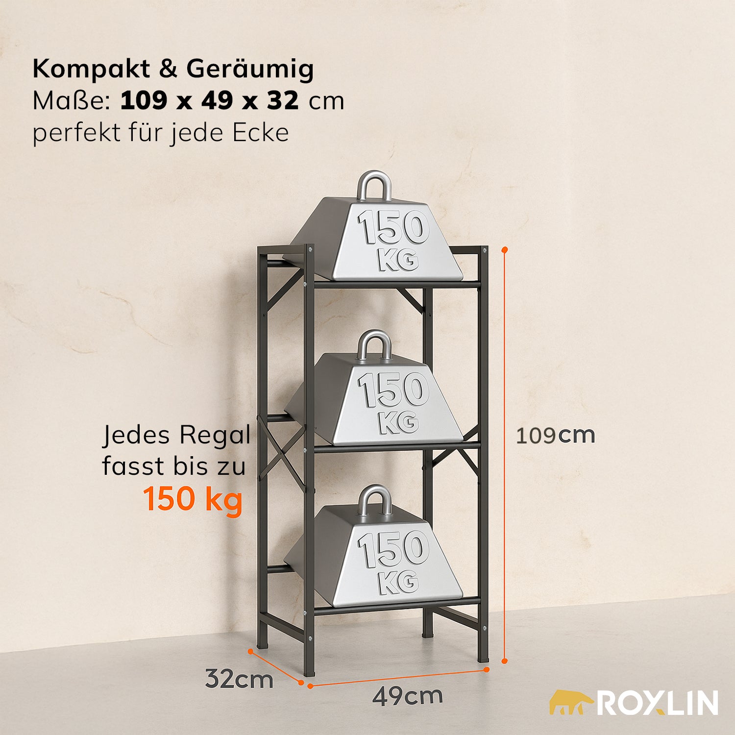 Maße-Infografik des Roxlin Getränkekistenregals: 109 x 49 x 32 cm, jede Ablage bis 150 kg belastbar