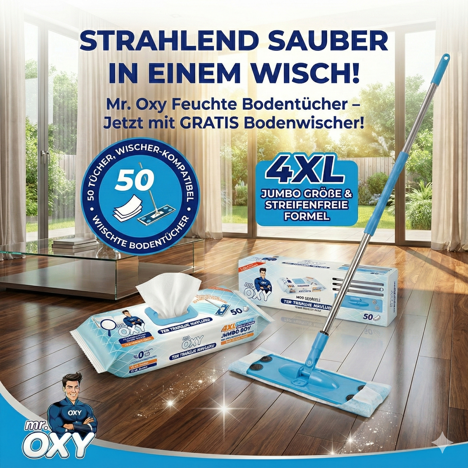 Mr. OXY feuchte Bodentücher am Mop – strahlend sauber in einem Wisch, 50 Stück 4XL