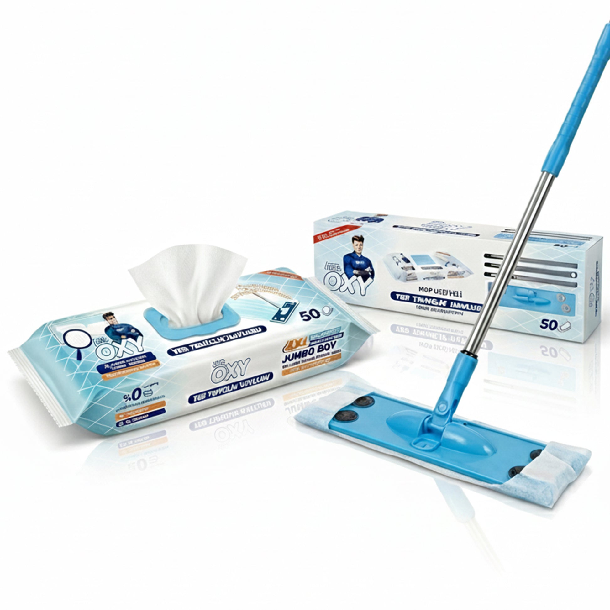 Mr. OXY feuchtes Bodentuch am Mop befestigt