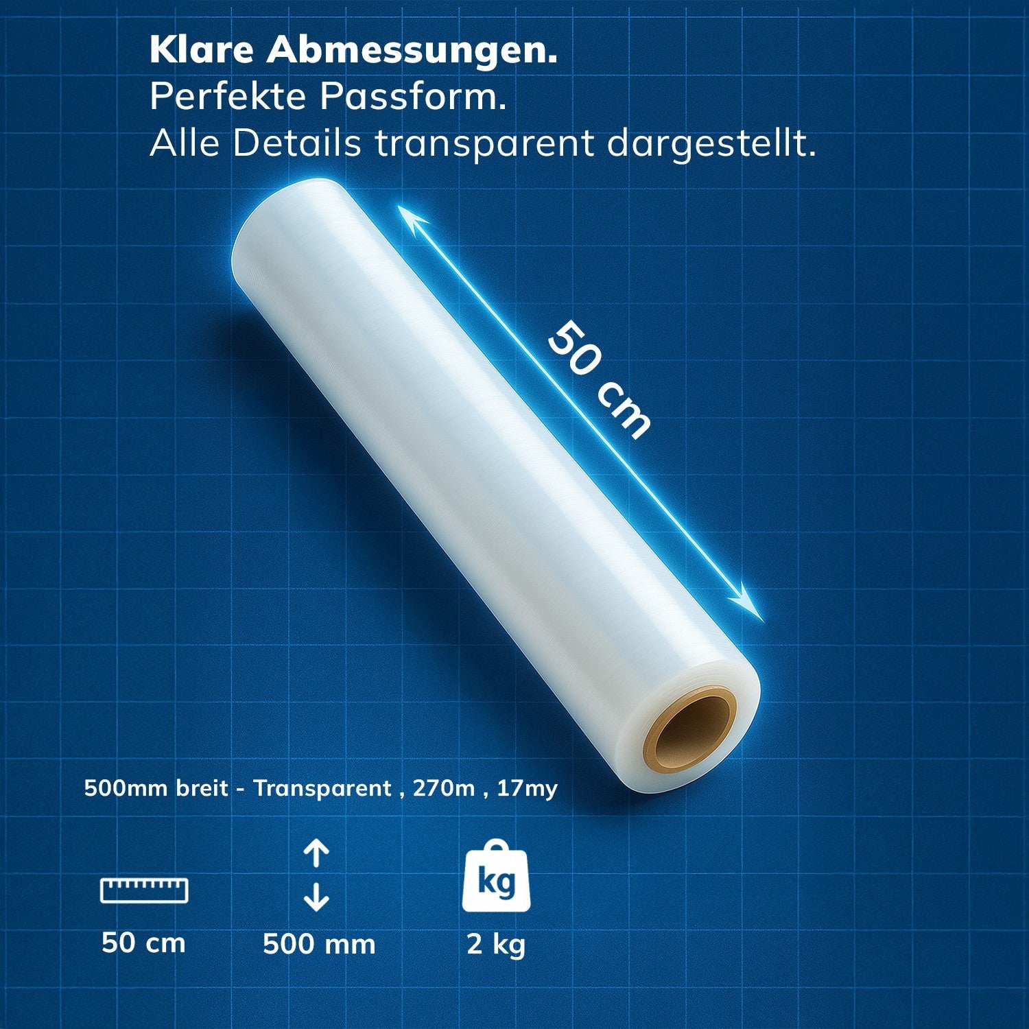 Nahaufnahme der transparenten Roxlin Stretchfolie Rolle, 50 cm breit