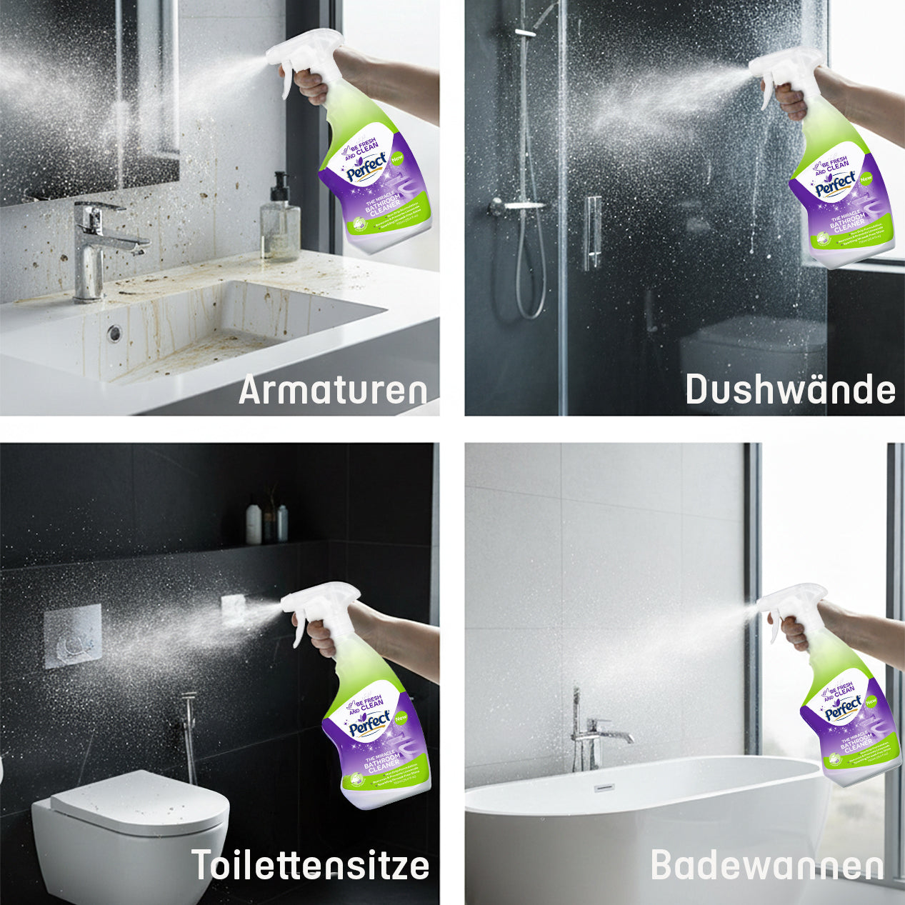 Perfect Badezimmerreiniger im Einsatz auf Dusche, Fliesen und Waschbecken