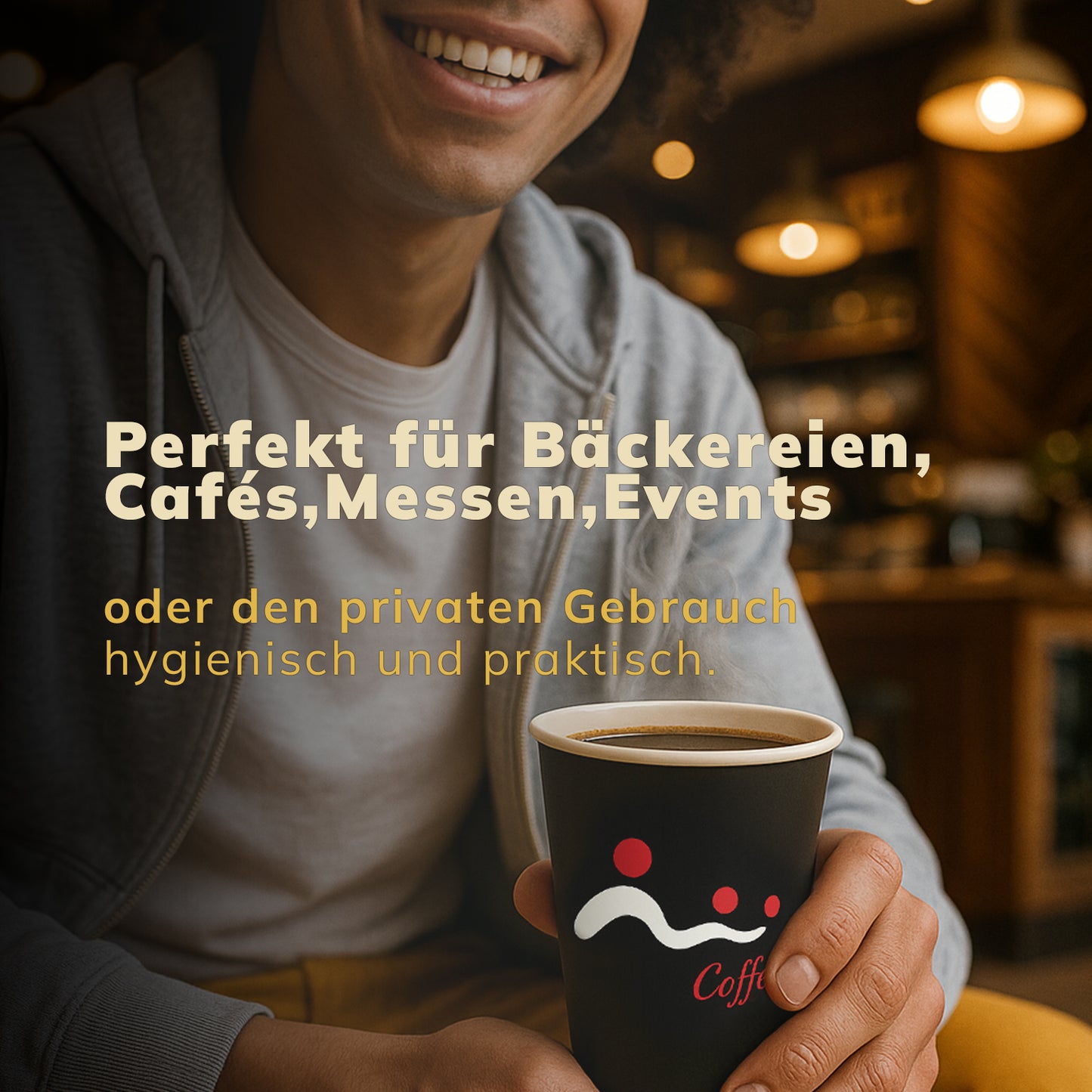 Person hält roten Roxlin Kaffee-to-go-Becher – perfekt für Cafés, Messen und Events