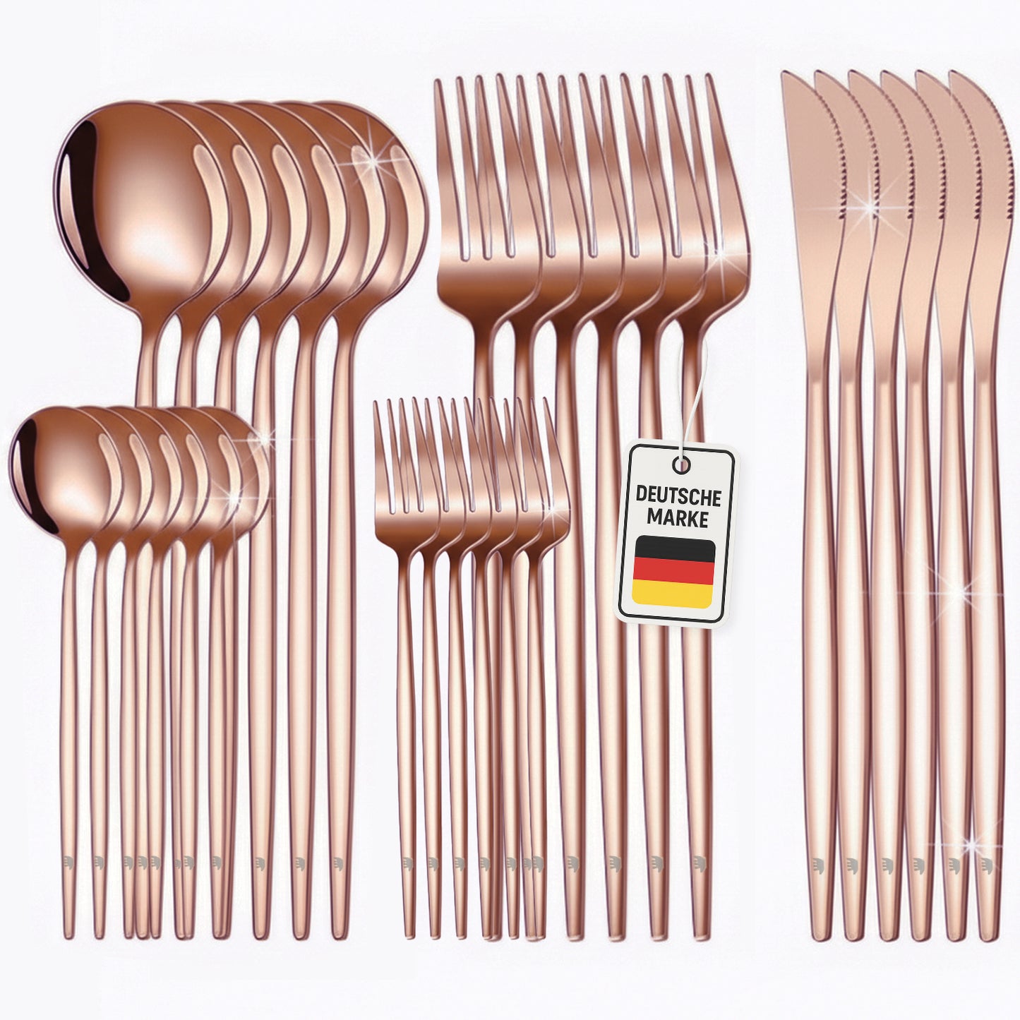 Roxlin 30-teiliges Edelstahl-Besteckset in Roségold, komplett ausgelegt