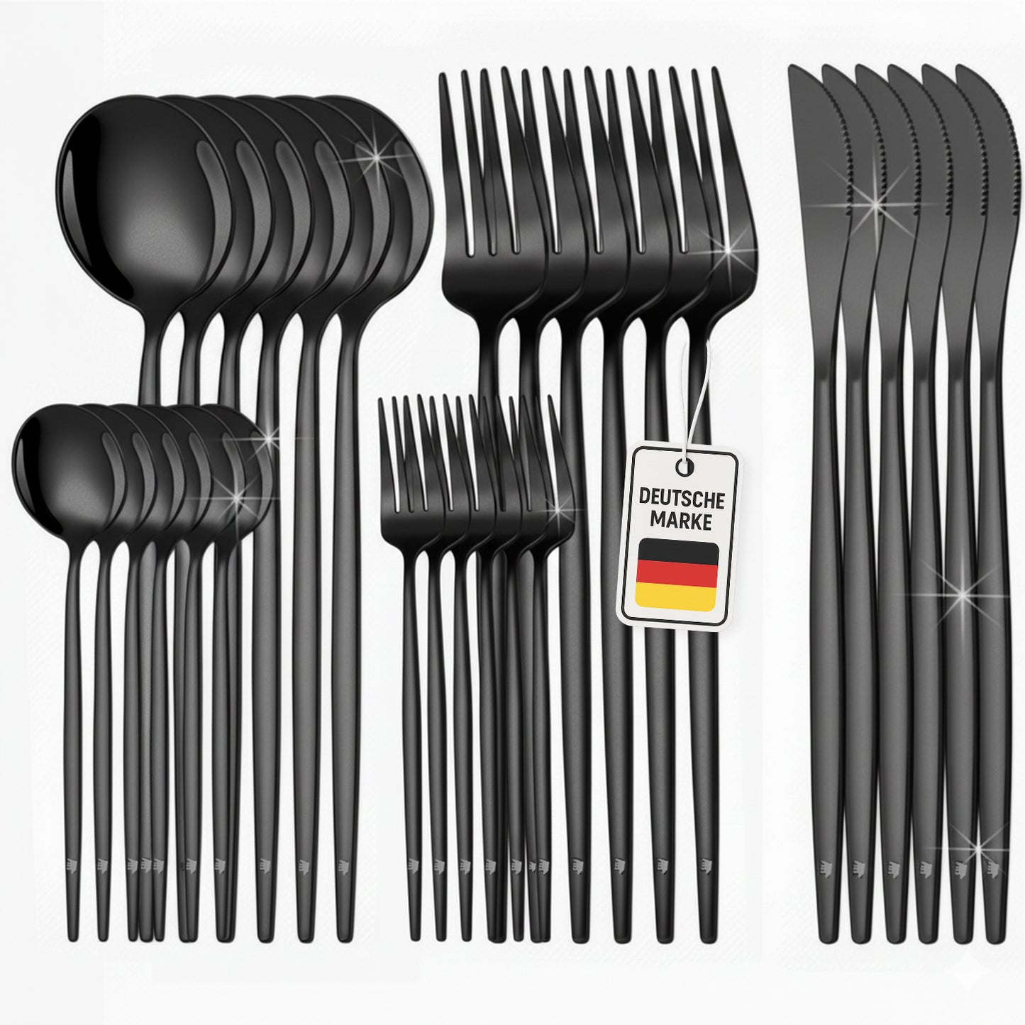 Roxlin 30-teiliges Edelstahl-Besteckset in Schwarz, komplett ausgelegt
