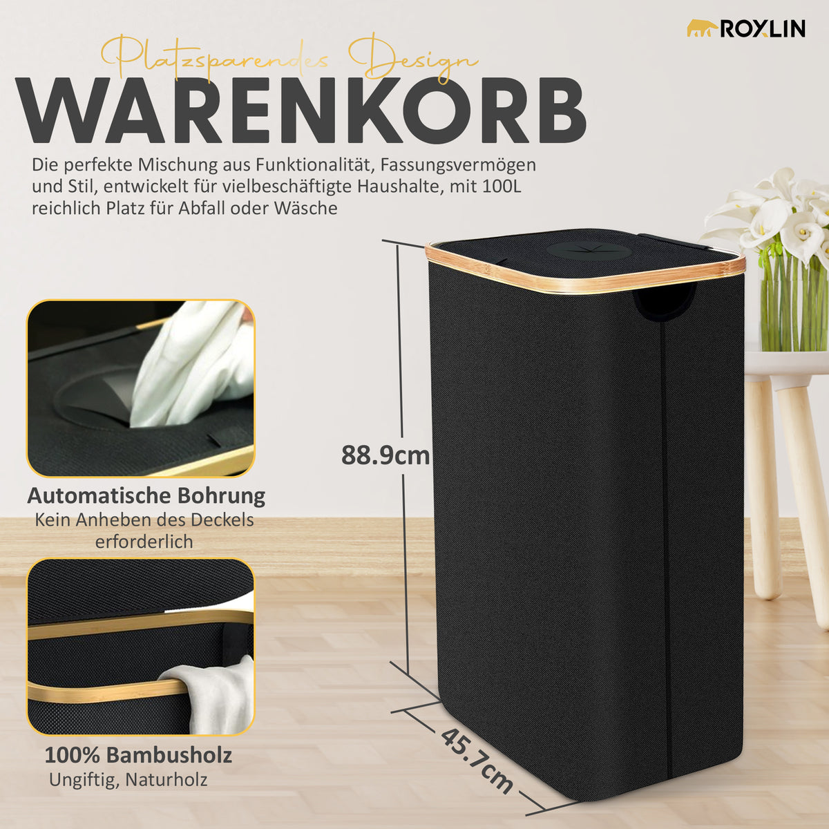 Roxlin Aufbewahrungskorb 100L mit Deckel – Maße und Details des Sammelbehälters