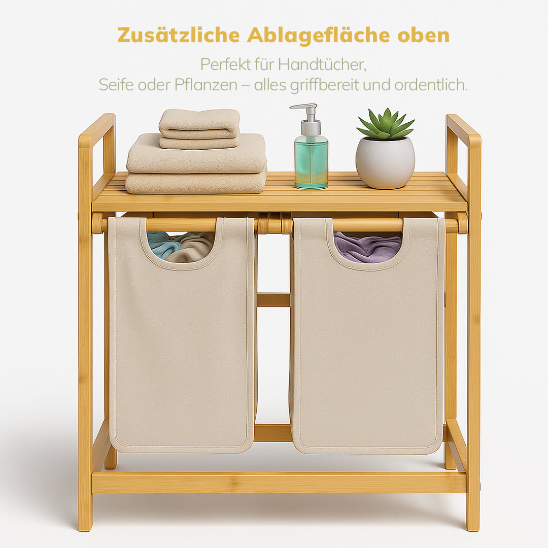 Roxlin Bambus Wäschekorb 100L mit geöffnetem Deckel und zwei Fächern