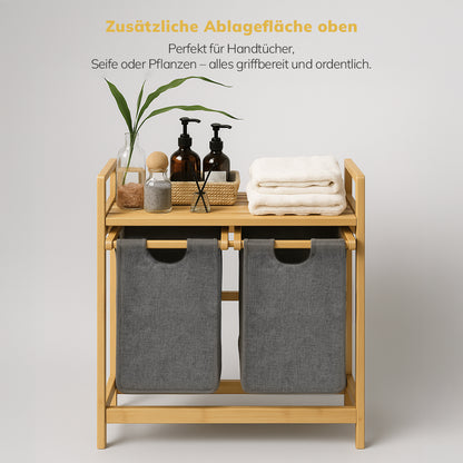 Roxlin Bambus Wäschekorb 100L mit zwei herausnehmbaren Stofftaschen und Ablage