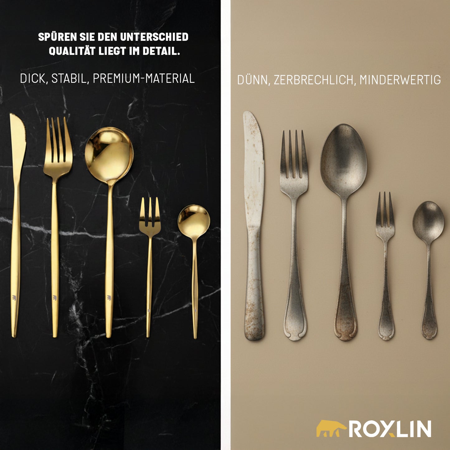 Roxlin Edelstahl-Besteckset in Gold, Messer, Gabel und Löffel im Detail