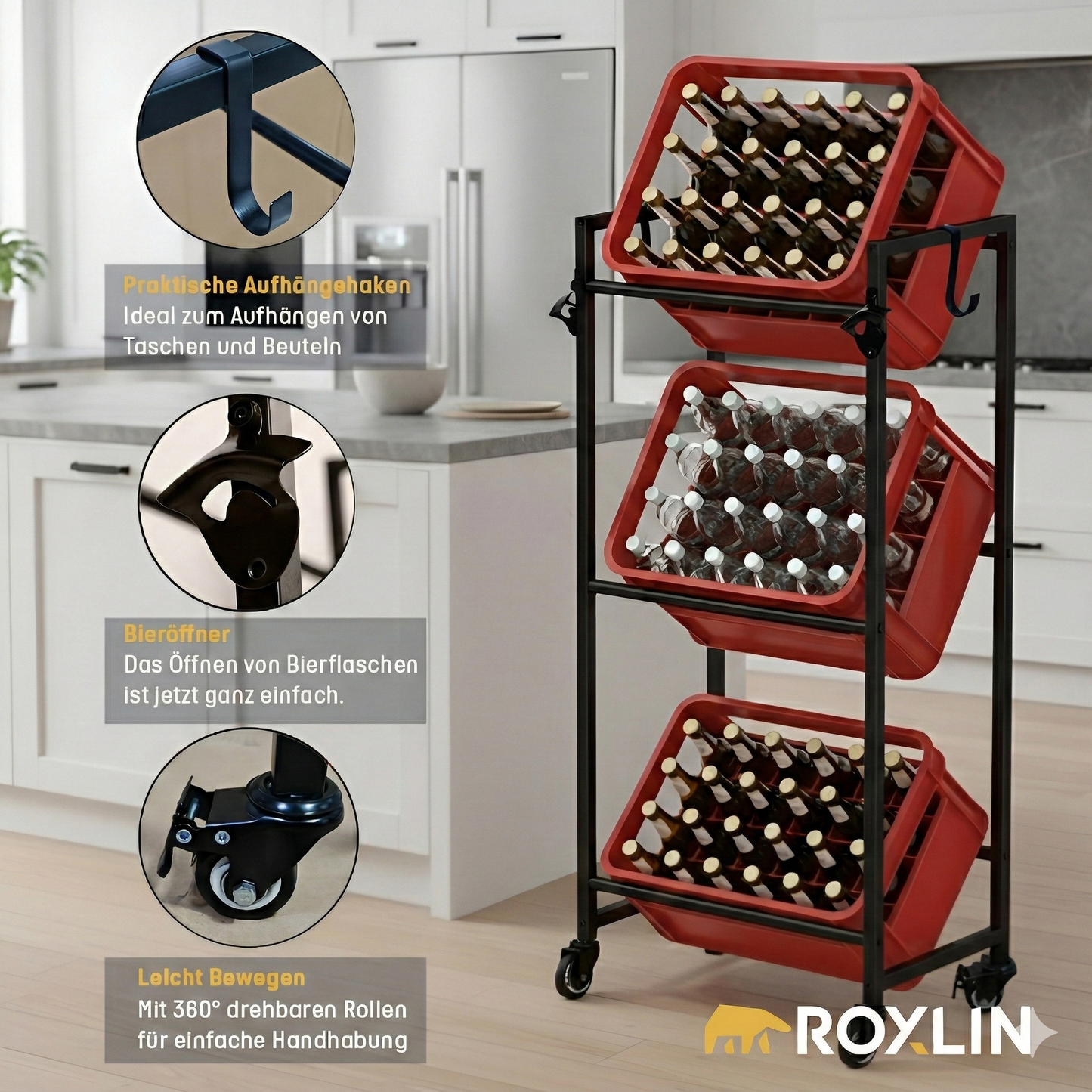 Roxlin Getränkekistenregal 3-fach in der Küche mit Detailaufnahmen von Haken, Flaschenöffner und Rollen