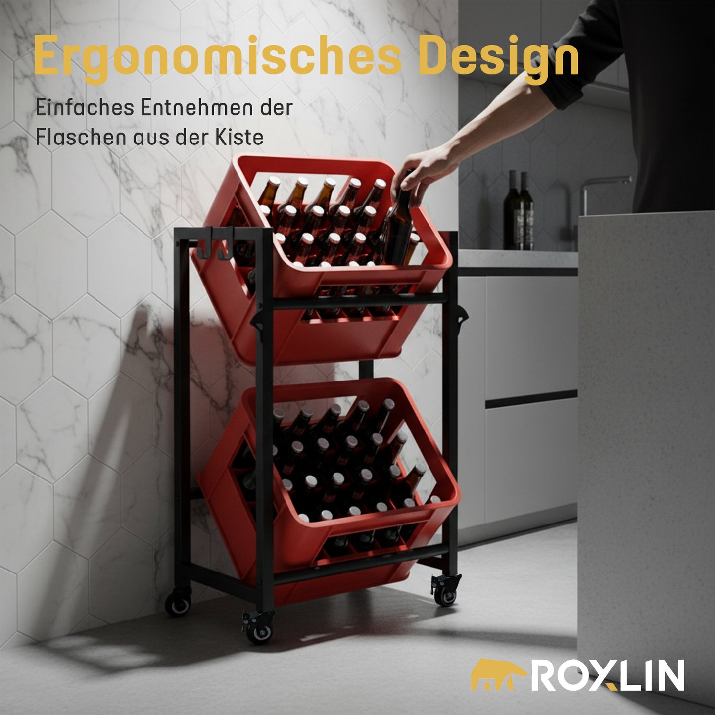 Roxlin Getränkekistenregal auf Rollen mit zwei roten Bierkisten – ergonomisches Entnehmen der Flaschen