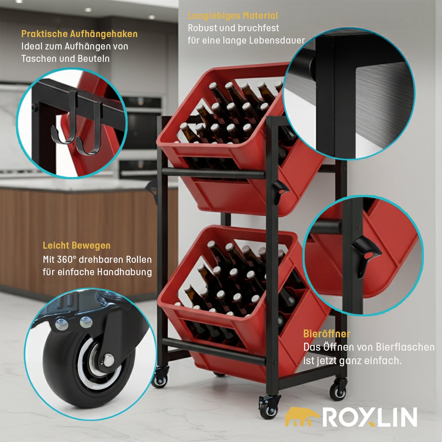 Roxlin Getränkekistenregal mit Aufhängehaken, 360° Rollen, Flaschenöffner und bruchfestem Material
