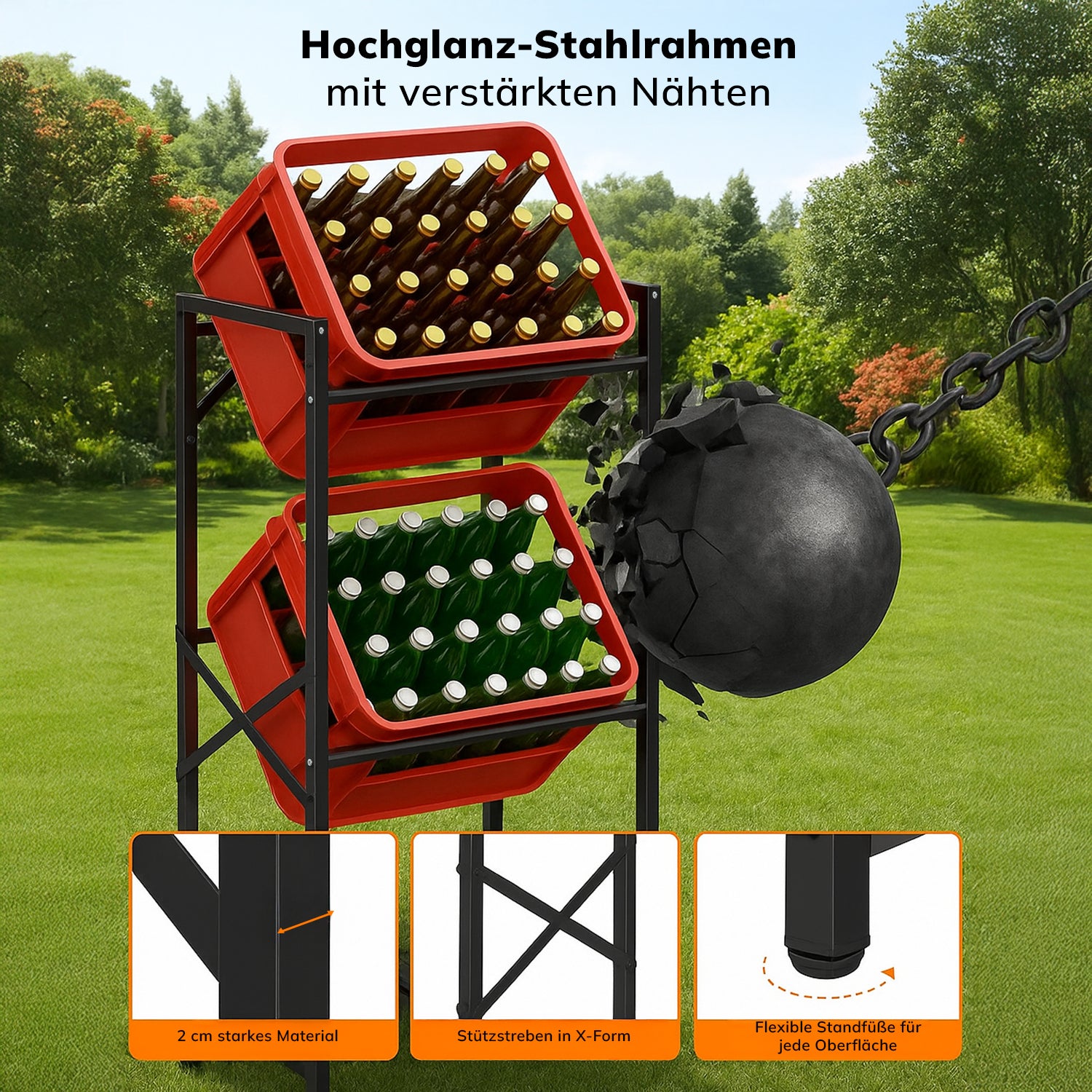 Roxlin Getränkekistenregal mit Hochglanz-Stahlrahmen und verstärkten Nähten – robust, bruchfest und standfest