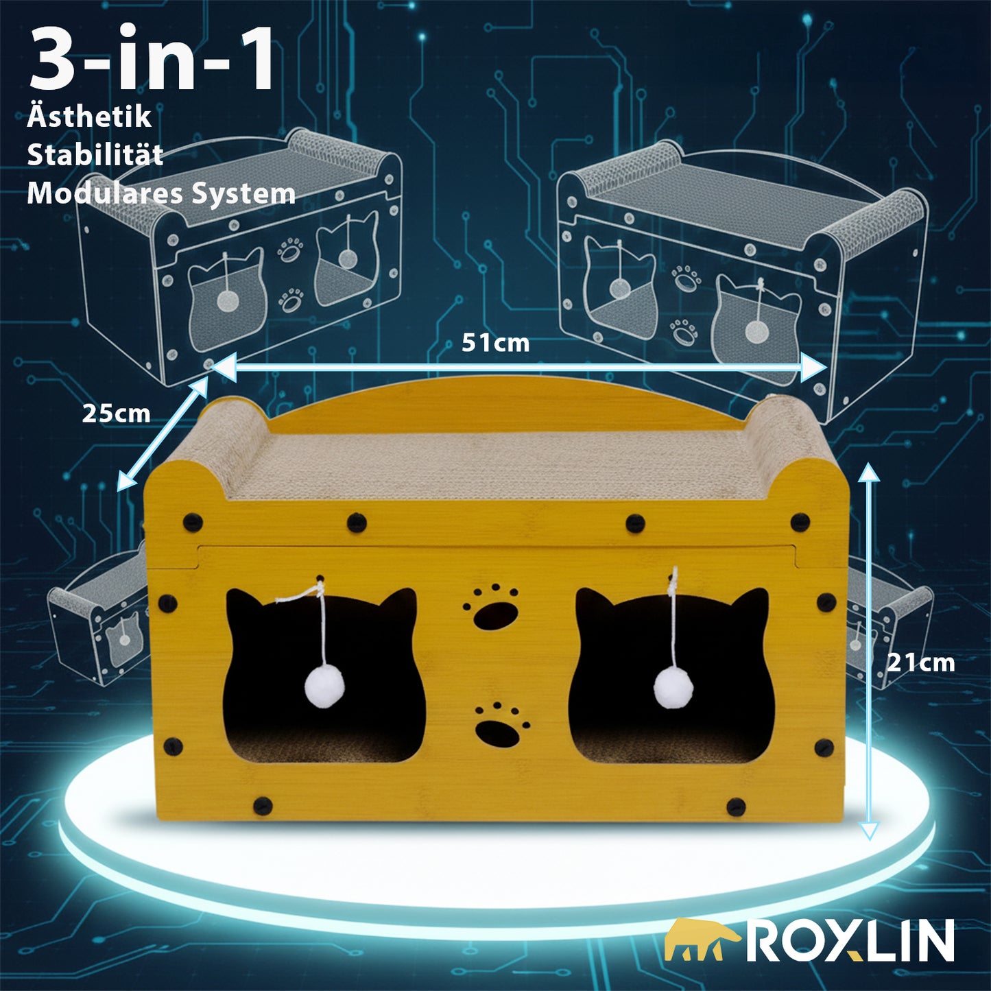 Roxlin Katzen-Kratzmöbel 3-in-1 aus Karton – Kratzhaus, Kratzbrett und Spielhöhle