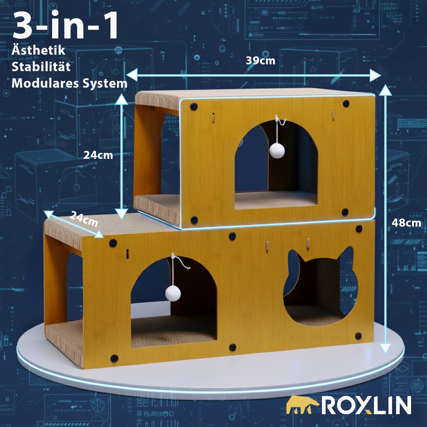 Roxlin Katzen-Kratzmöbel 3-in-1 aus Karton mit Maßangaben und zwei Katzen