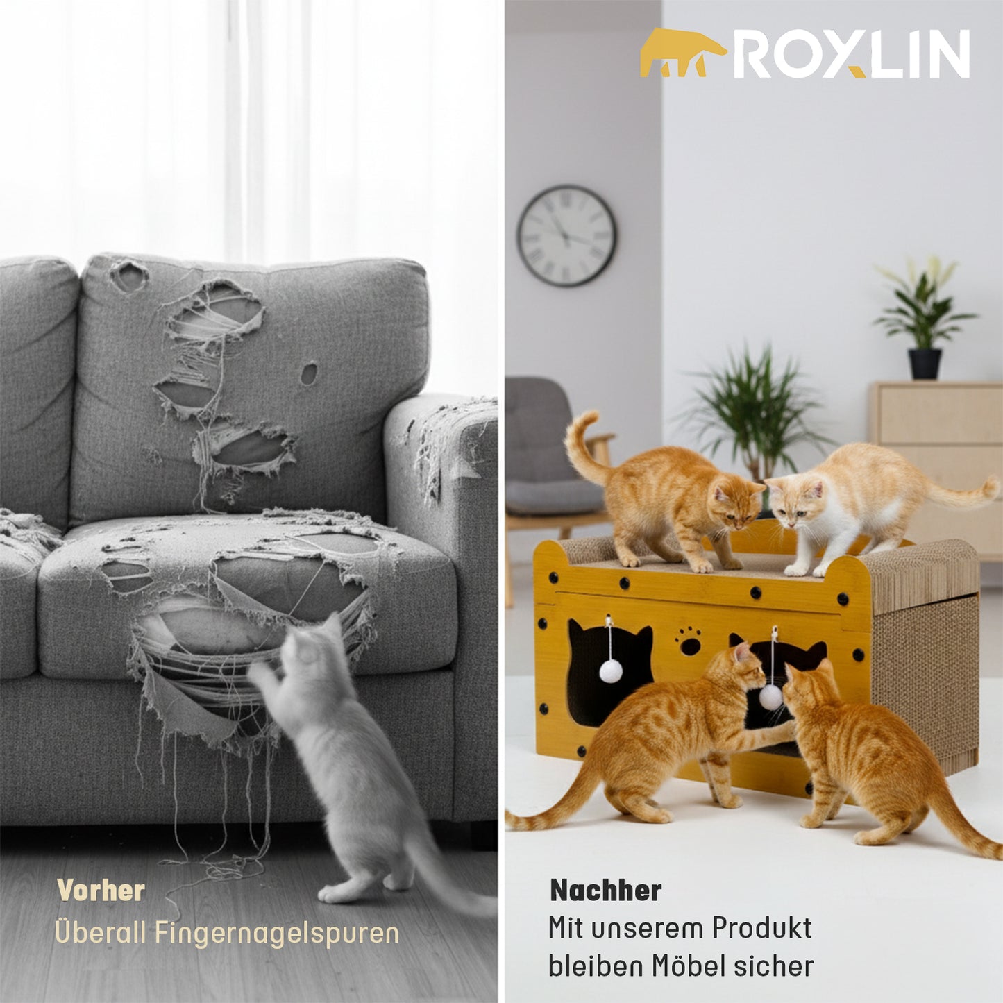 Roxlin Katzen-Kratzmöbel TV-Modell im Wohnzimmer mit spielender Katze
