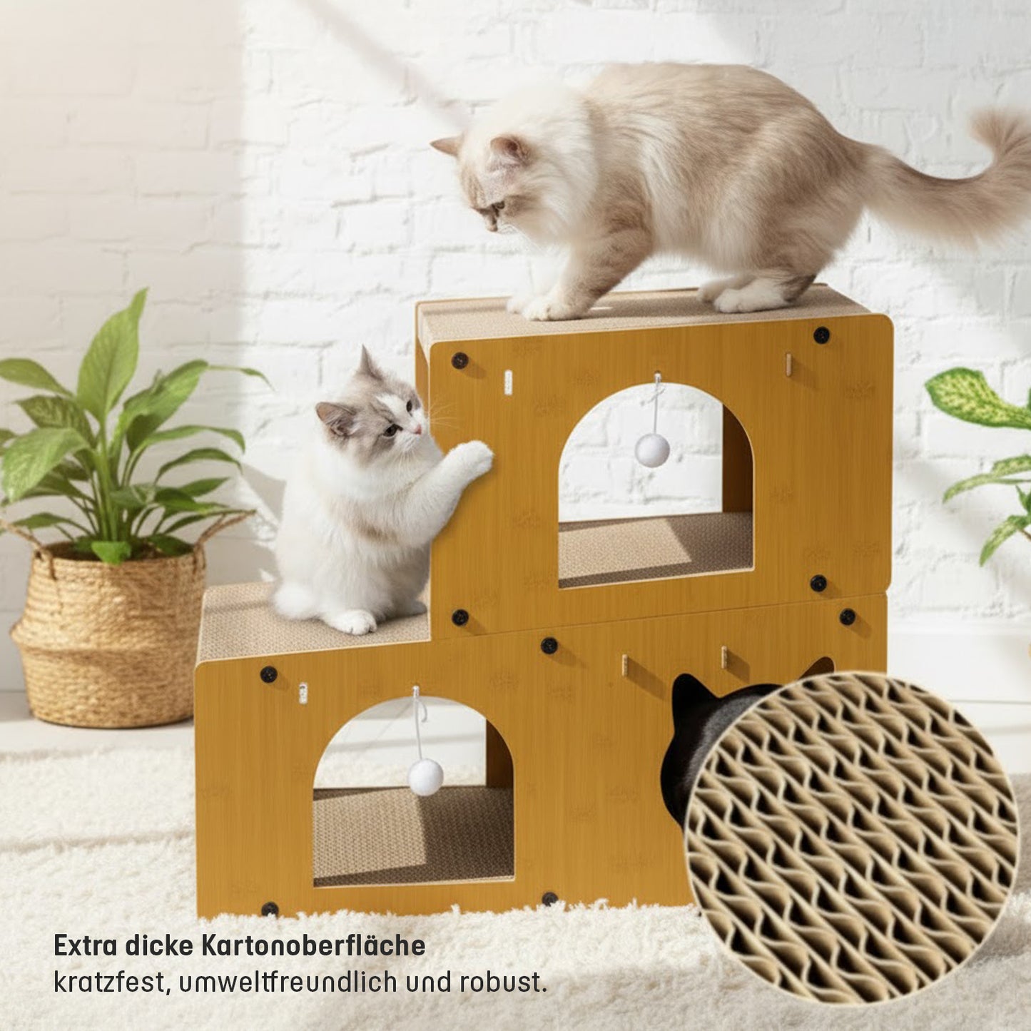 Roxlin Katzen-Kratzmöbel TV-Modell mit Katze auf der oberen Etage im Wohnzimmer
