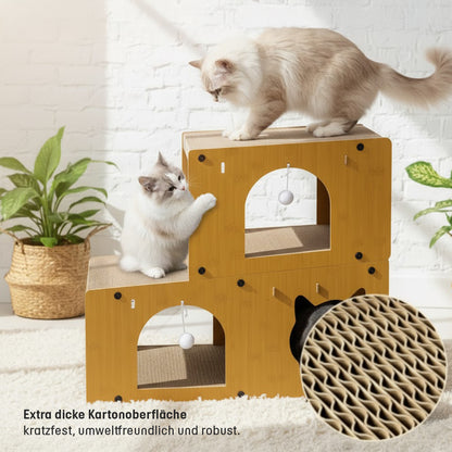 Roxlin Katzen-Kratzmöbel TV-Modell mit Katze auf der oberen Etage im Wohnzimmer