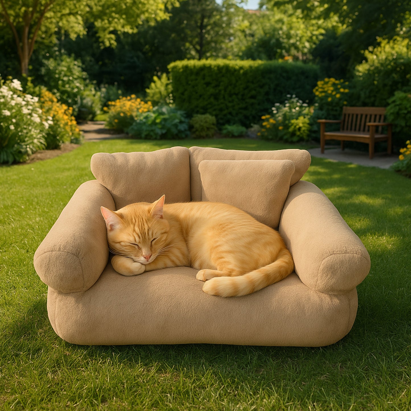 Roxlin Katzenbett und Hundesofa in Beige im Garten mit liegender Katze