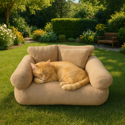 Roxlin Katzenbett und Hundesofa in Beige im Garten mit liegender Katze
