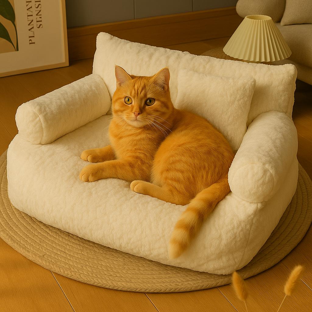 Roxlin Katzenbett und Hundesofa in Beige mit liegender orangefarbener Katze