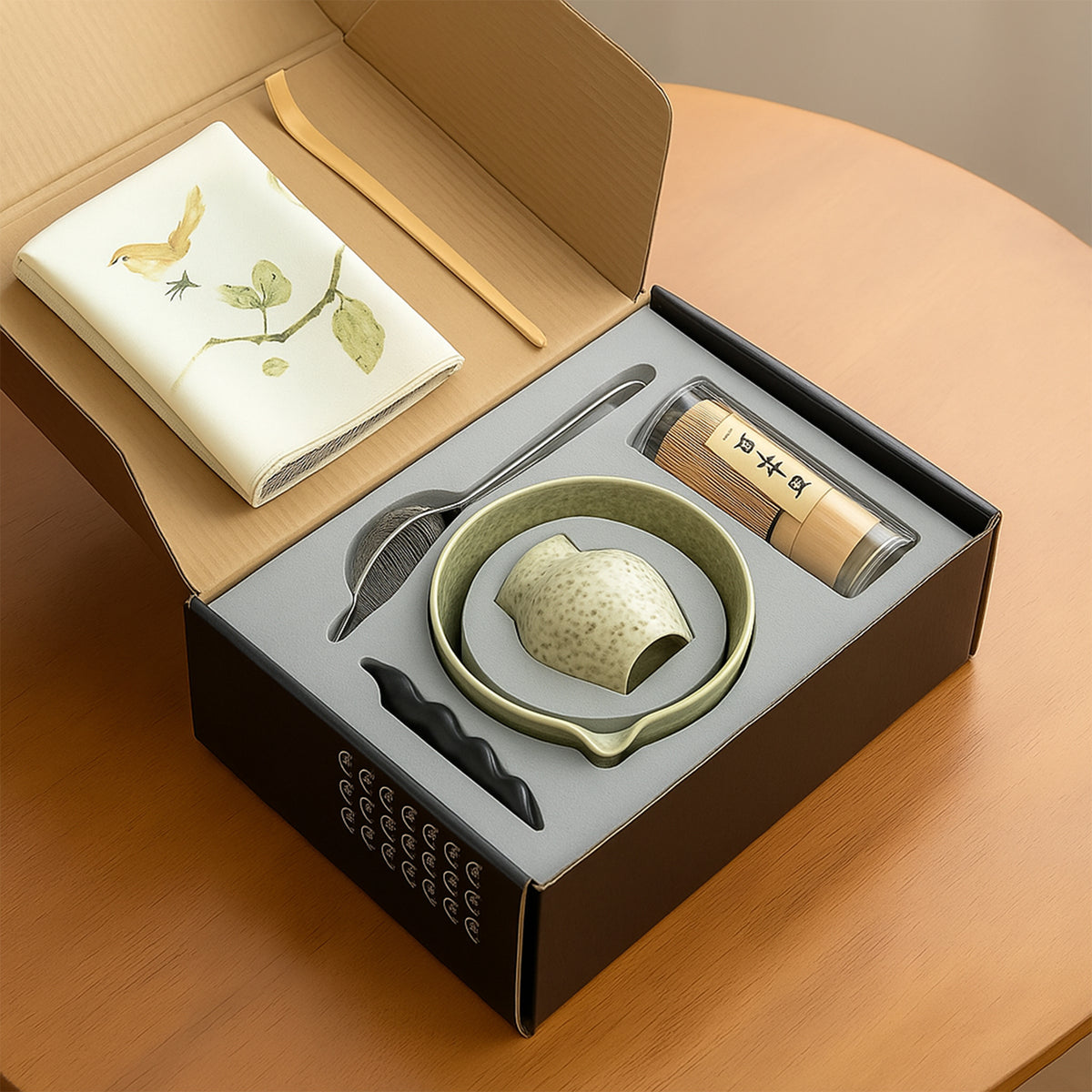 Roxlin Matcha Set 7-teilig in geöffneter Geschenkbox auf einem Holztisch