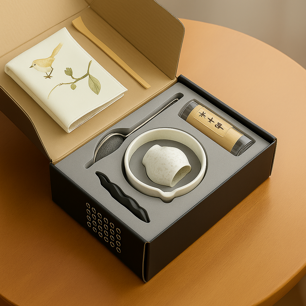 Roxlin Matcha Set 7-teilig in geöffneter schwarzer Geschenkbox