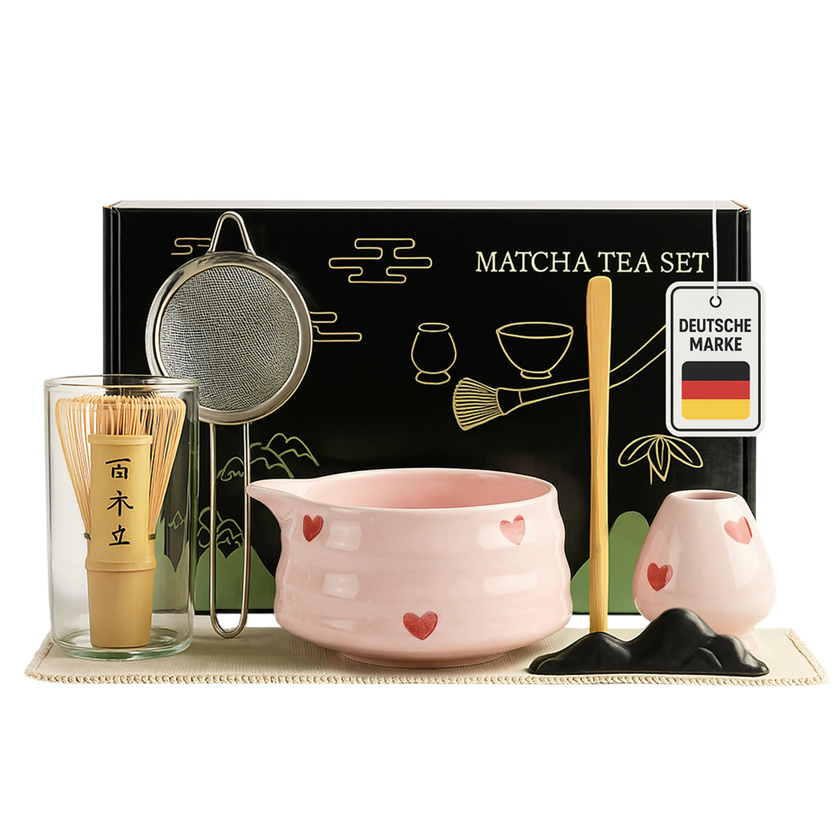 Roxlin Matcha Set 7-teilig mit rosa Schale und Zubehör vor weißem Hintergrund