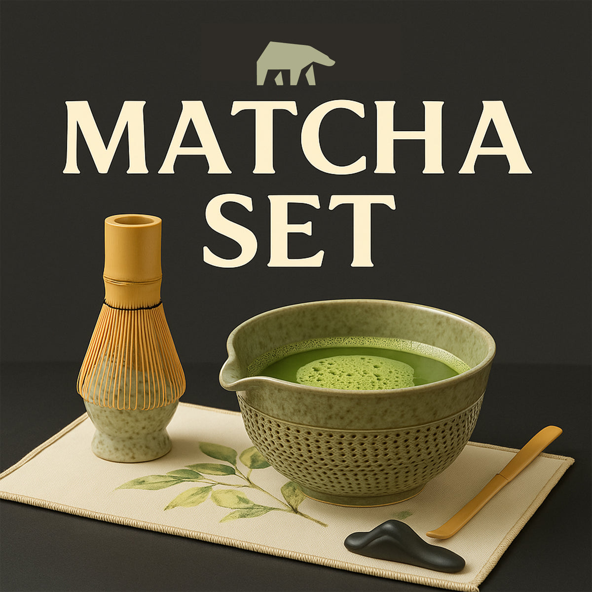 Roxlin Matcha Set mit Bambusbesen und grüner Keramikschale, Schriftzug Matcha Set