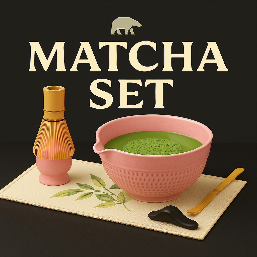 Roxlin Matcha Set mit rosa Schale und grünem Matcha, Schriftzug Matcha Set
