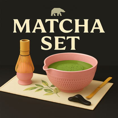 Roxlin Matcha Set mit rosa Schale und grünem Matcha, Schriftzug Matcha Set