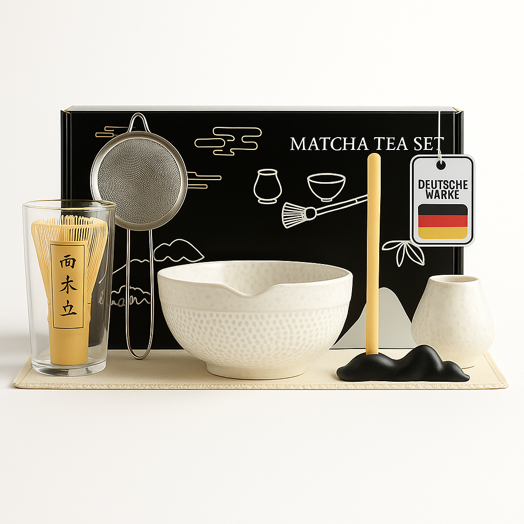 Roxlin Matcha Set mit weißer Schale und komplettem Zubehör auf Tafelhintergrund