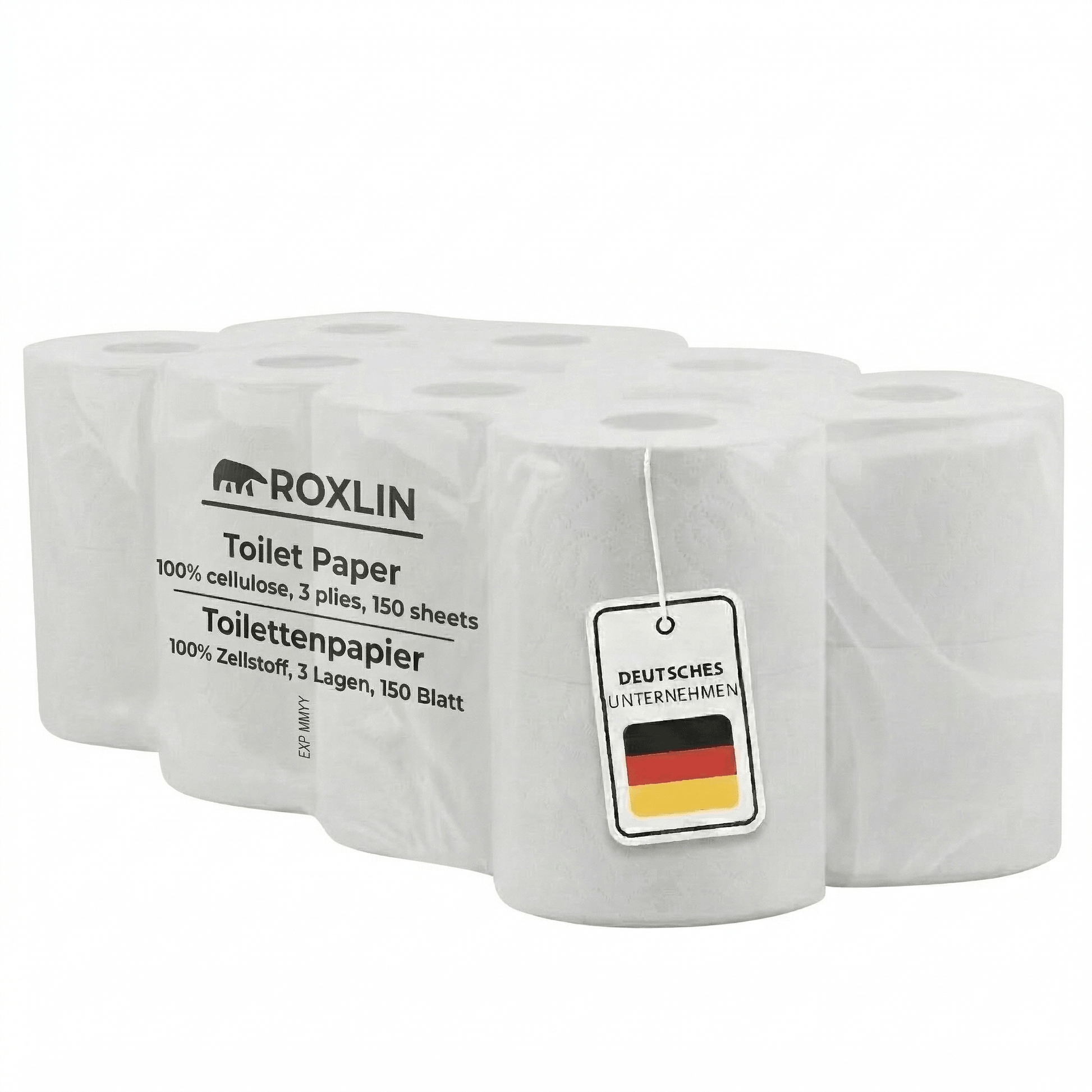 Roxlin Premium Toilettenpapier 3-lagig, mehrere Packungen gestapelt
