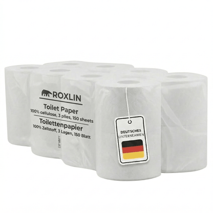 Roxlin Premium Toilettenpapier 3-lagig, mehrere Packungen gestapelt