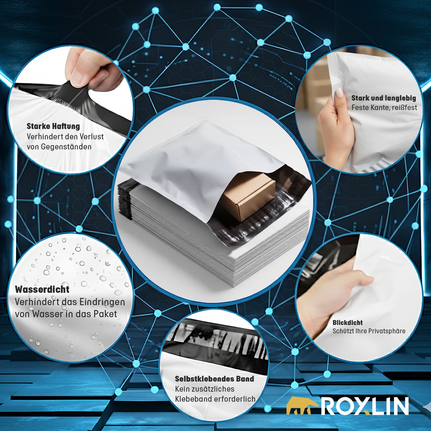 Roxlin Versandbeutel mit Detailaufnahmen von Selbstklebung und reißfestem Material