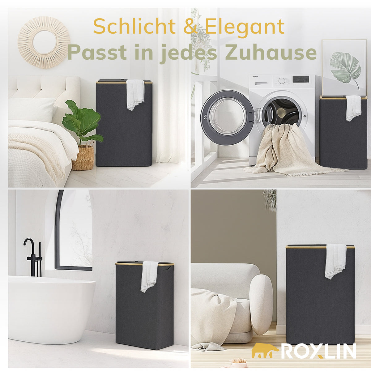 Roxlin Wäschekorb 100L im Badezimmer mit Detailaufnahmen von Deckel und Bambusgriffen
