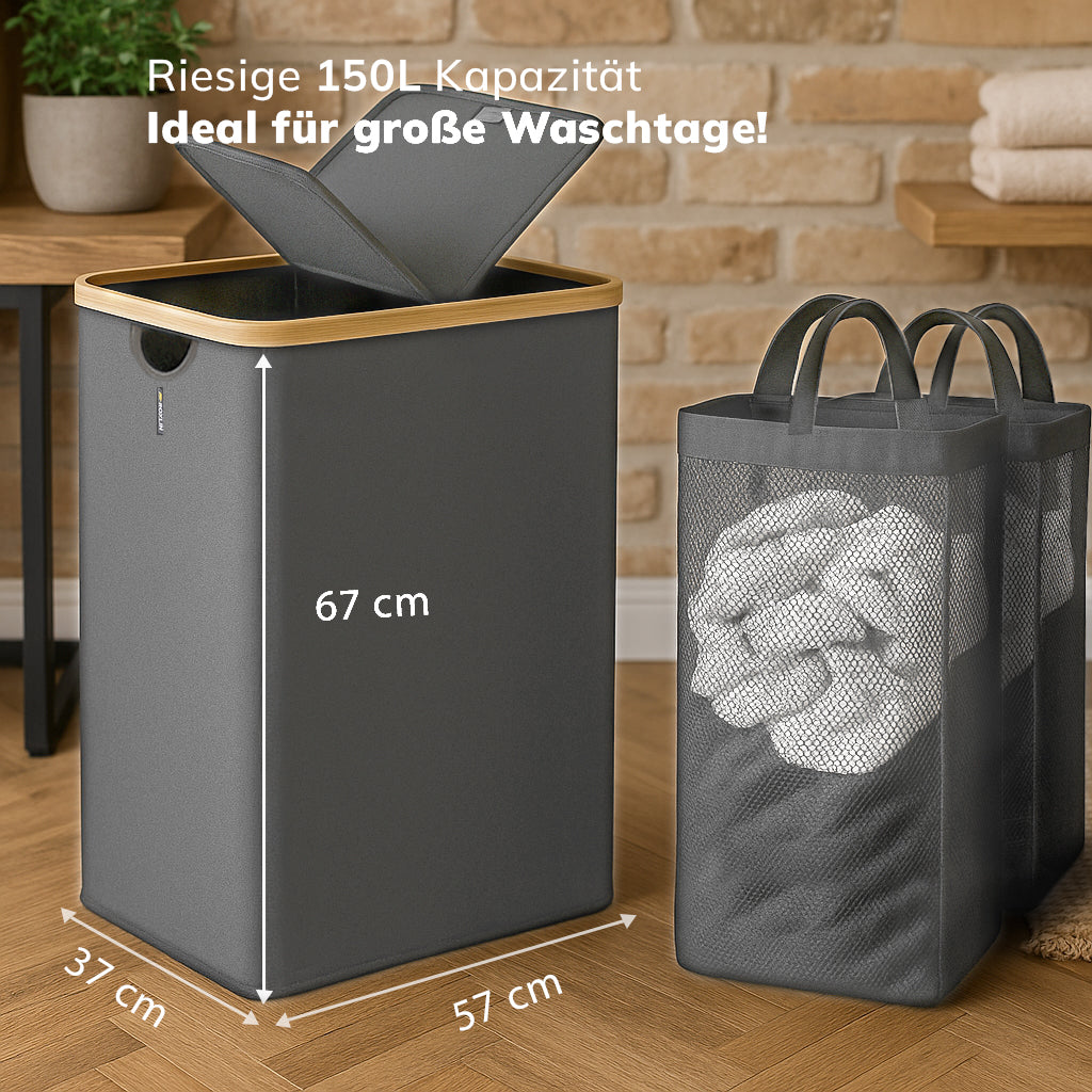 Roxlin Wäschekorb 150L in Grau mit Bambusrahmen, 67 cm hoch