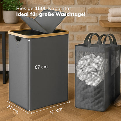 Roxlin Wäschekorb 150L in Grau mit Bambusrahmen, 67 cm hoch