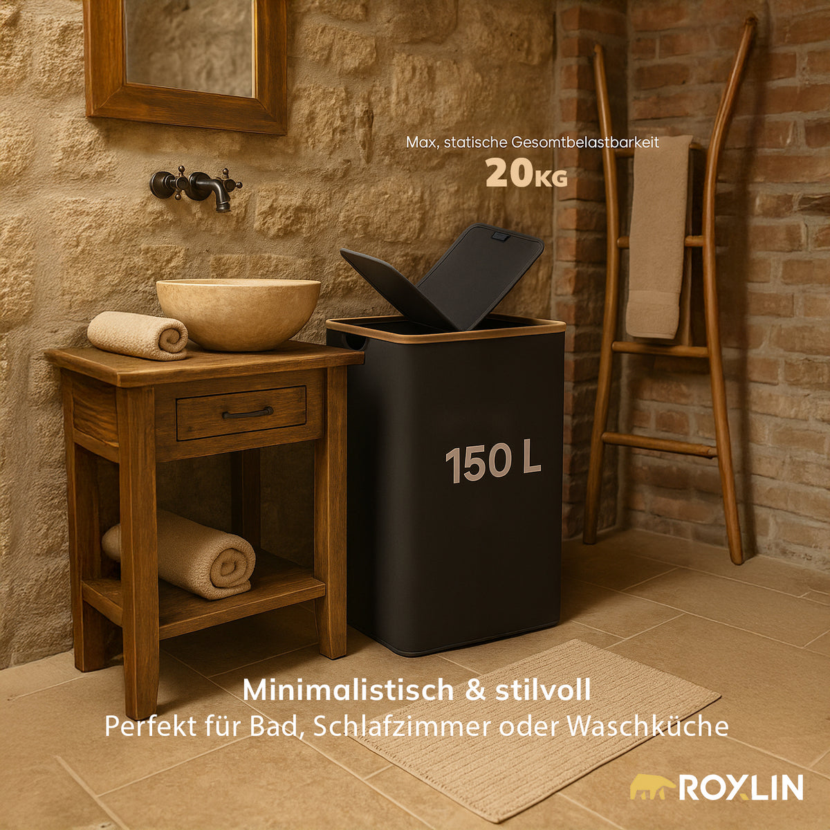 Roxlin Wäschekorb 150L mit Bambusrahmen neben einem Holzhocker im Raum