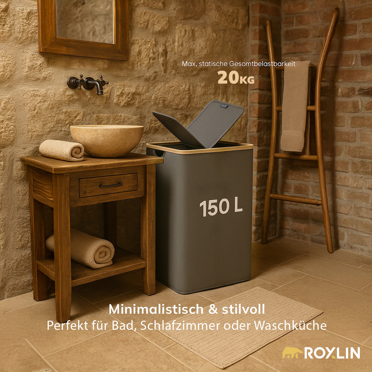 Roxlin Wäschekorb 150L mit Bambusrahmen neben Holzhocker, feuchtigkeitsabweisend