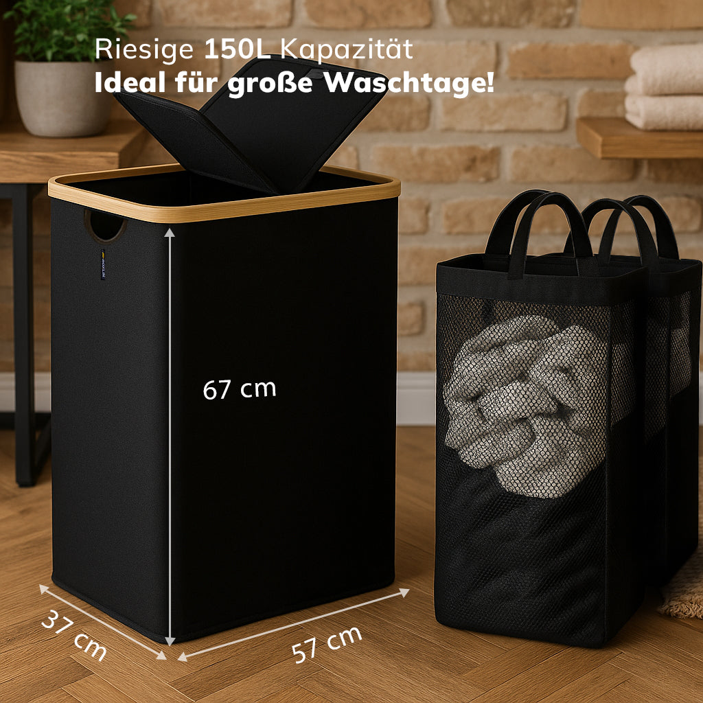 Roxlin Wäschekorb 150L mit zwei Fächern, 67 cm hoch, mit Wäsche befüllt